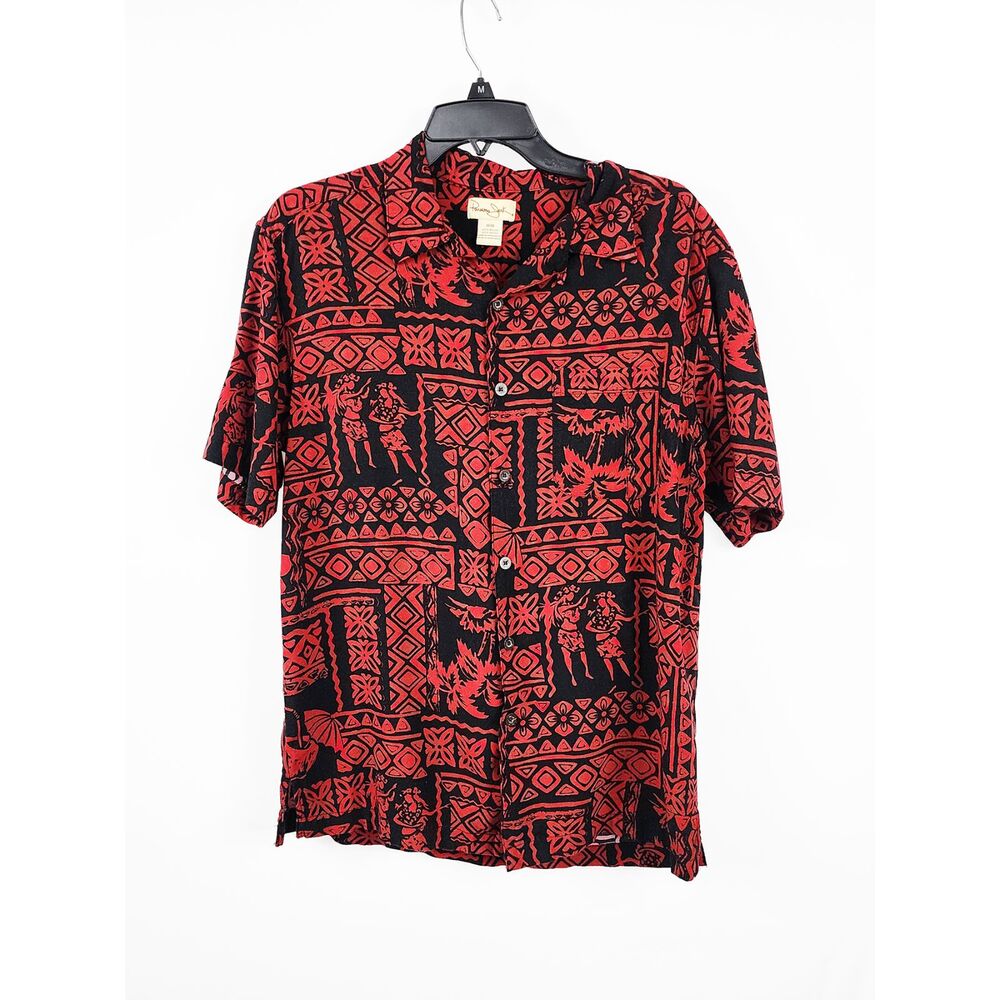 Vintage Panama Jack Medium Men's 90s Black Red Hula Hawaiian Shirt Damaged